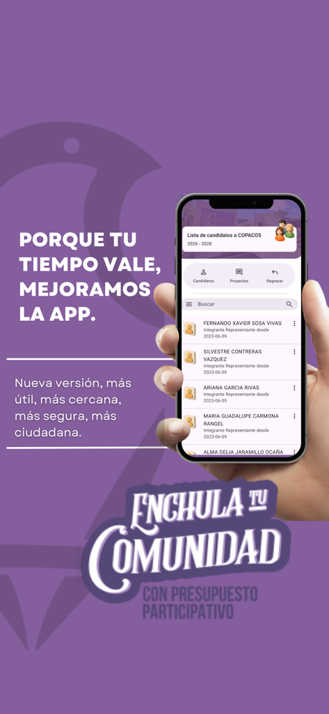 Mobile screen displaying the IECM app candidate list for participatory budgeting on a purple background