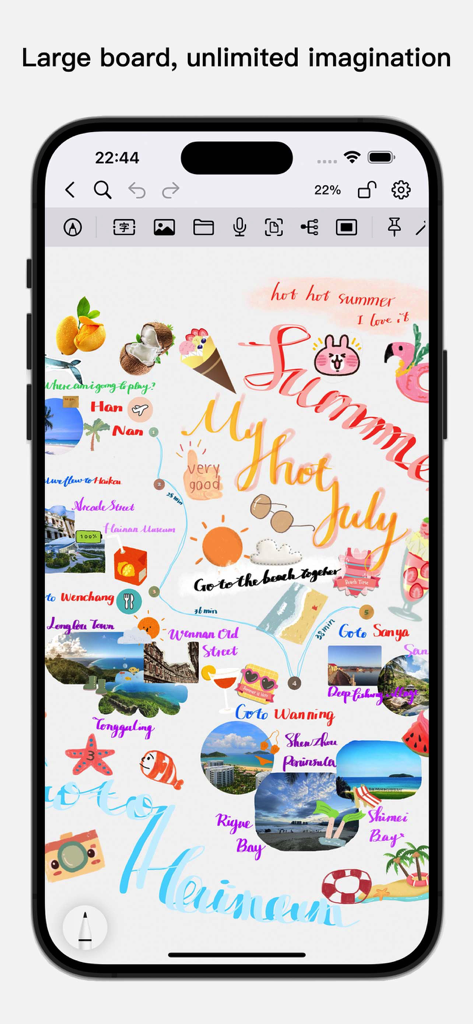 Digital whiteboard showing a creative summer journal with photos and handwriting in BoardNotes