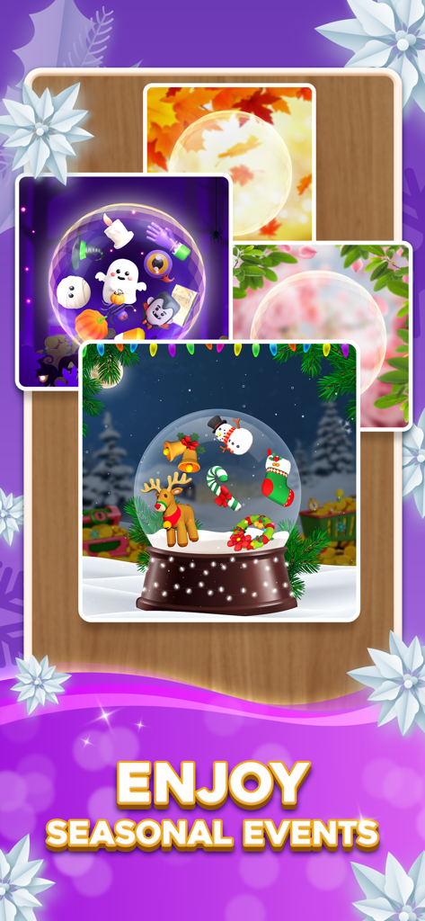 Una muestra de eventos de juego de temporada en Match Triple Ball que incluyen temas de Navidad, Halloween y Otoño.