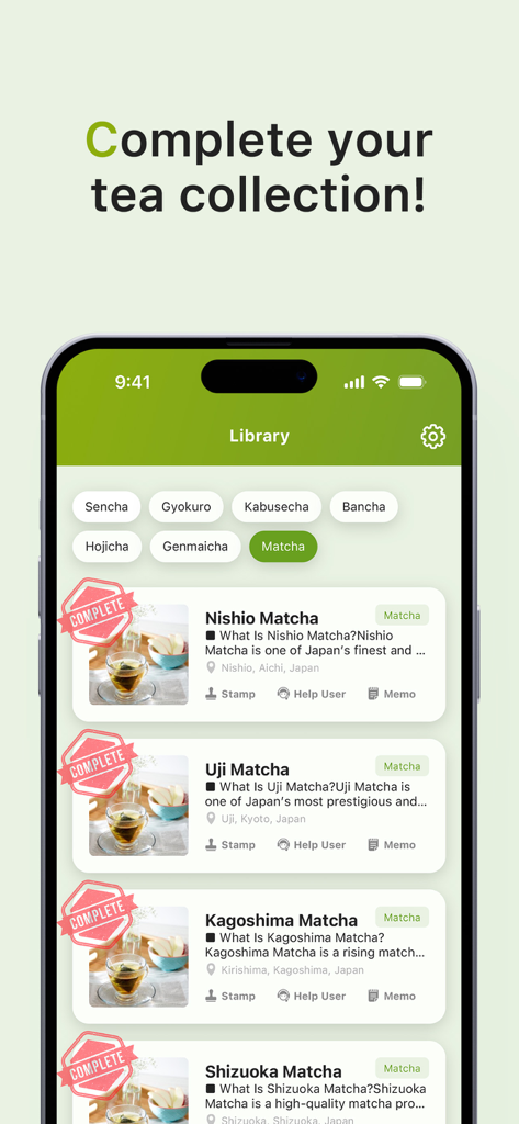 SENCHA -  Japanese Tea - The Library screen of the SENCHA app displaying a collection of regional Japanese matcha teas with completed stamps.