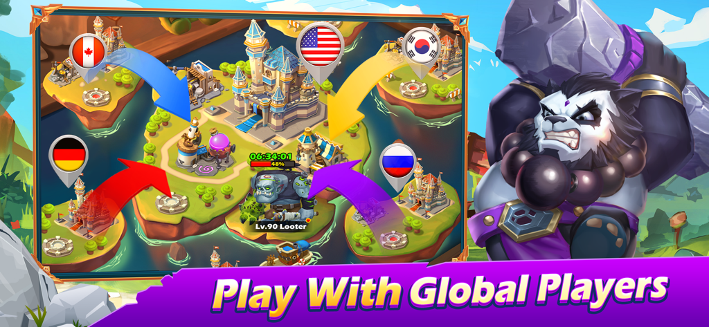 Gameplay screenshot of Taptap Heroes showing the global multiplayer map and a panda hero character