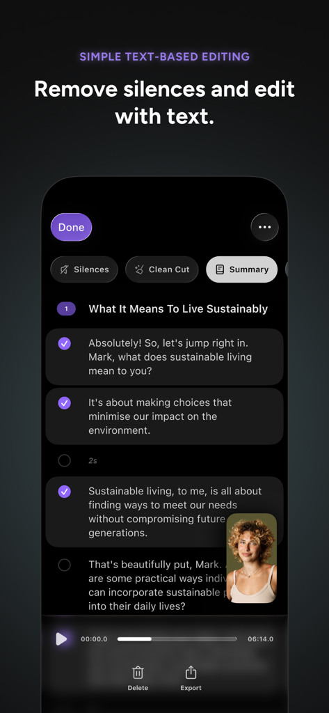 Un'interfaccia mobile di Detail AI Video Editor che mostra le funzionalità di editing basato su testo e rimozione del silenzio per i creatori.