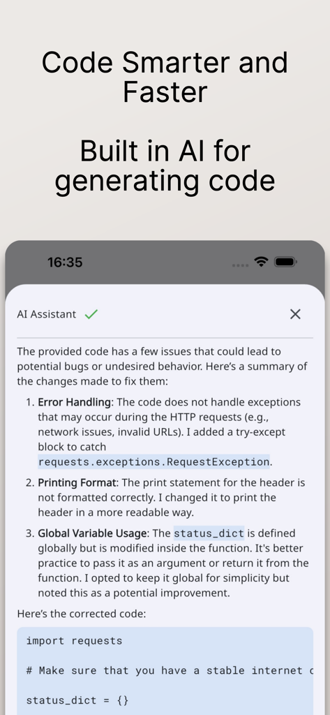 Python coding app displaying AI assistant feedback on code issues and fixes
