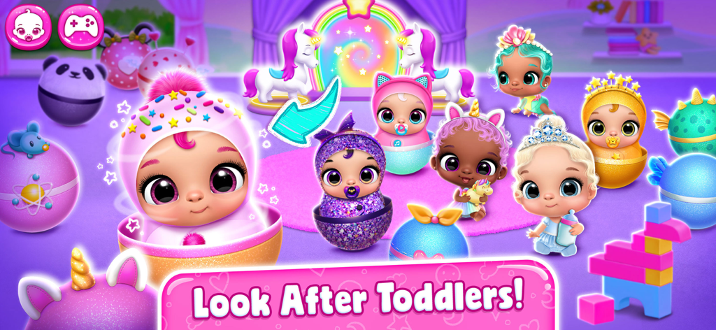 Giggle Babies - Toddler Care - Group of cute animated babies in a colorful nursery setting with unicorns and rainbows