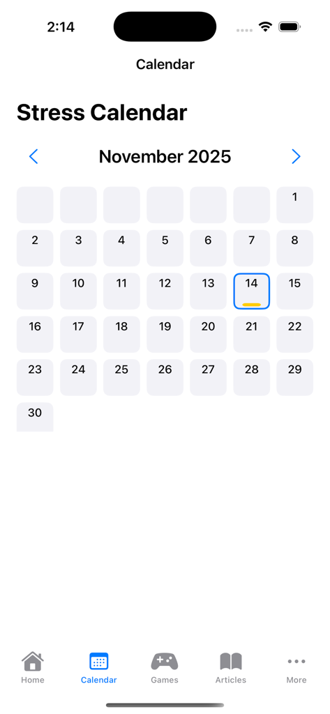 Monthly stress tracking calendar interface