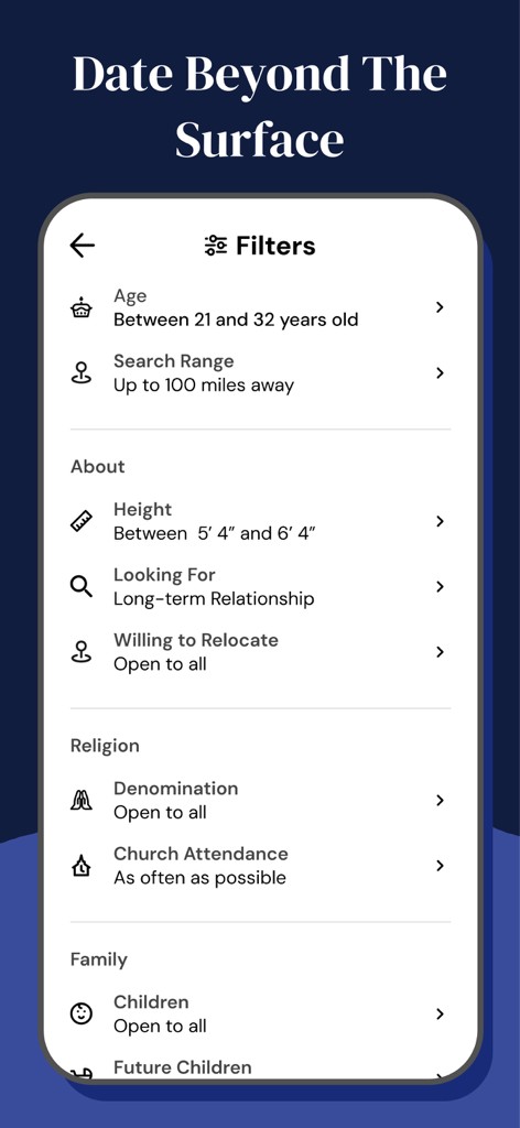 Ark - Christian Dating App - Ark dating app filter settings for age height religion and church attendance preferences