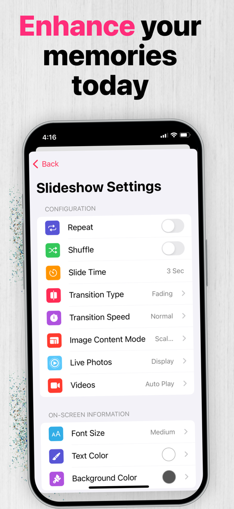Digital Photo Frame Slideshow - Slideshow settings menu showing customization options for photo transitions and display.