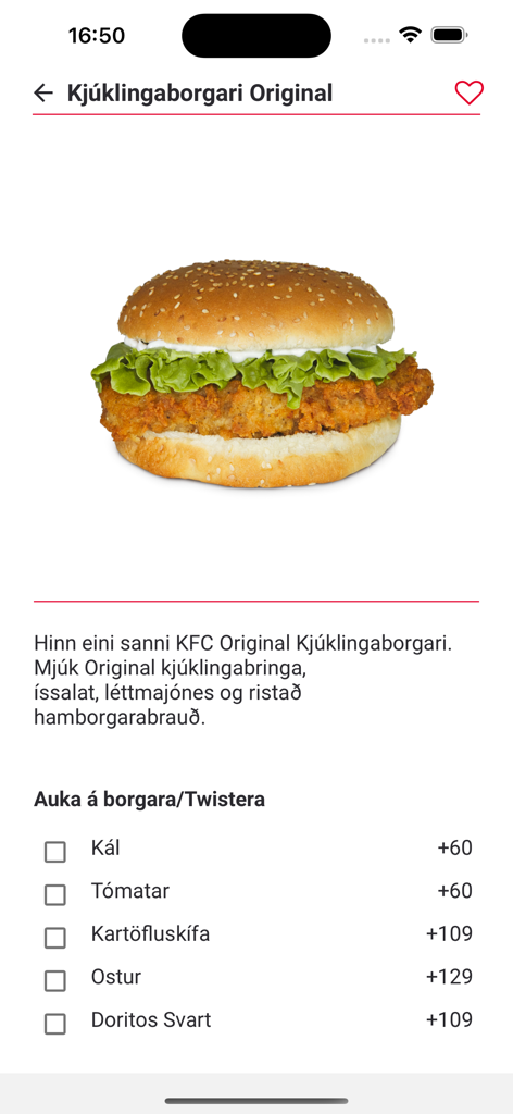KFC Iceland - Una pantalla de producto de hamburguesa de pollo en la aplicación de KFC Islandia con extras de ingredientes