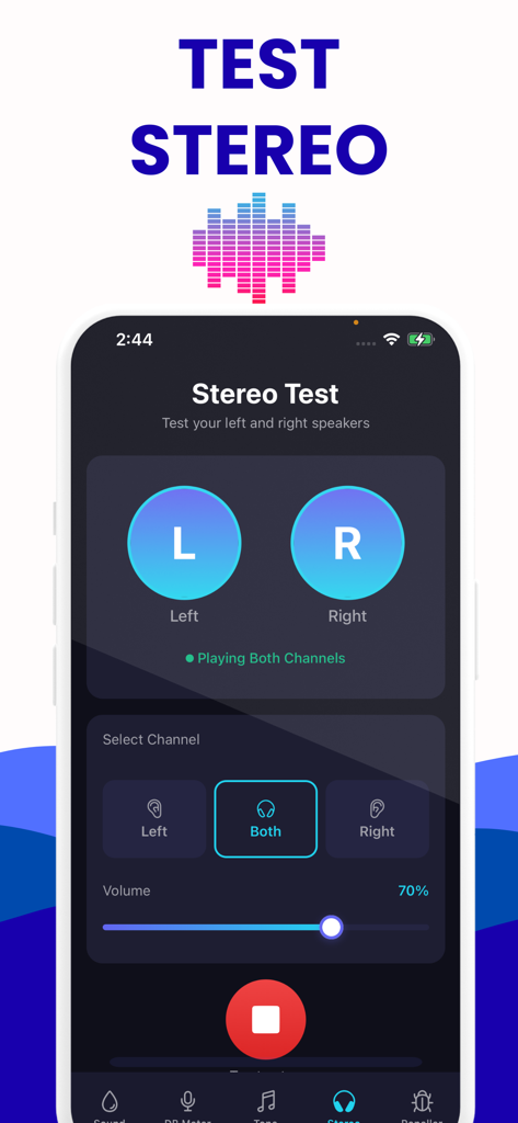 Smartphone screen displaying the stereo test feature of the Speaker Fix app to check left and right audio channels