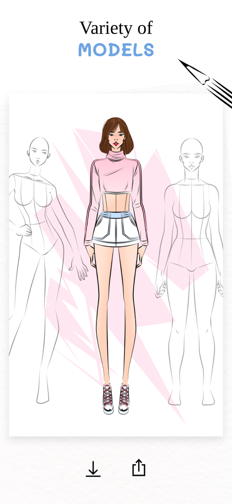 Digital fashion sketches showing different model body types and poses for design.