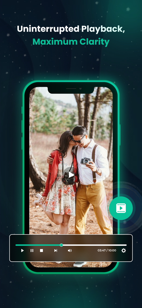 X Video Downloader - HD Player - Mobile app interface showing HD video playback of a couple in a forest with playback controls