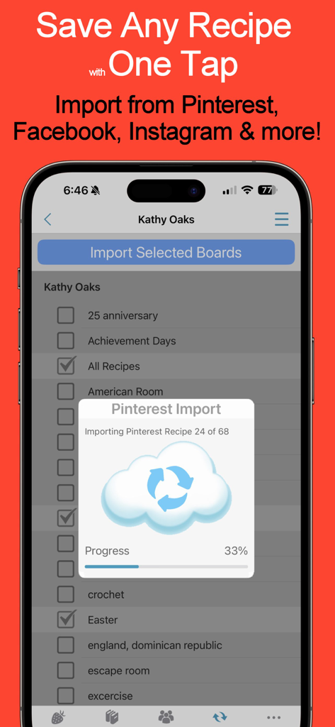 Recipe Keeper - Cook'n - Tela de progresso de importação do quadro de receitas do Pinterest no aplicativo Recipe Keeper