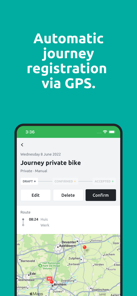 Interface of the Reisbalans app displaying automatic journey registration with GPS and a map showing a travel route