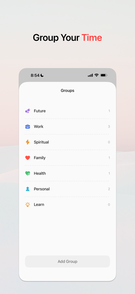 Momento - Planner - Interface of the Momento Planner app showing customizable activity groups for work health and personal life
