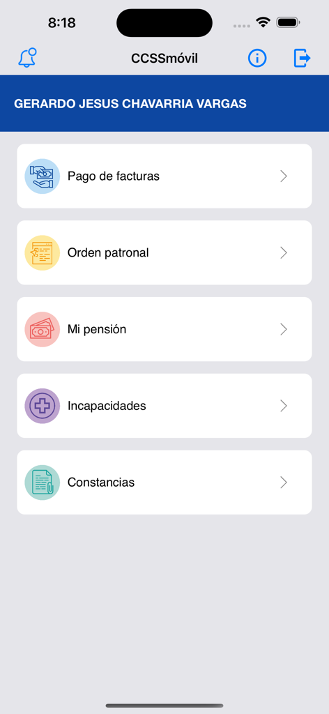 CCSSmóvil - Menú principal de la aplicación CCSSmovil que muestra opciones para pago de facturas, órdenes patronales e información de pensión