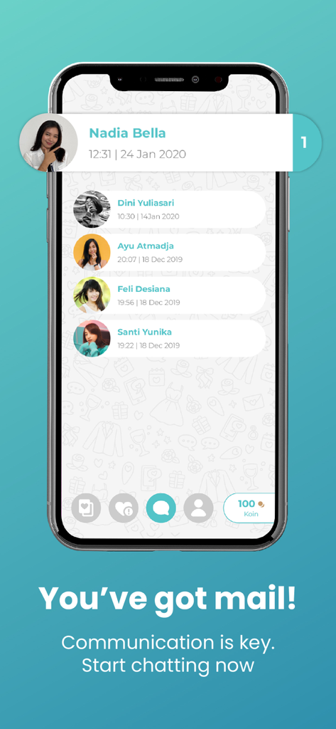 Kenalan.app - Kenalan app chat interface showing a list of profile matches and a notification badge for new messages