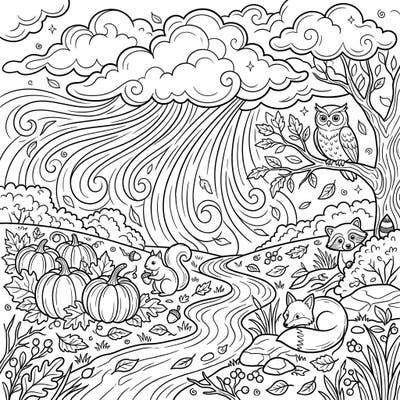 Capture the dramatic beauty of an autumn storm alongside charming woodland creatures in this captivating coloring page. Perfect for celebrating the season with a touch of artistic flair and imaginative details.