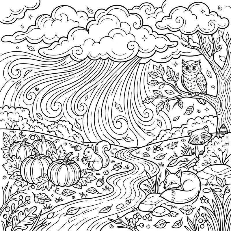 Capture the dramatic beauty of an autumn storm alongside charming woodland creatures in this captivating coloring page. Perfect for celebrating the season with a touch of artistic flair and imaginative details.