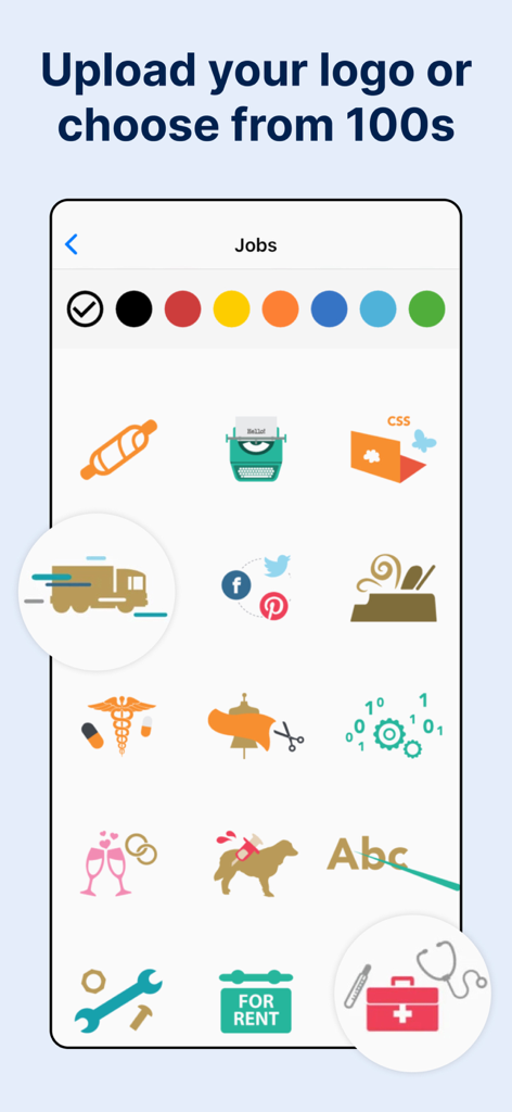 Una pantalla que muestra una variedad de iconos de logotipos profesionales de empresas y un selector de color en la aplicación Invoice Maker.