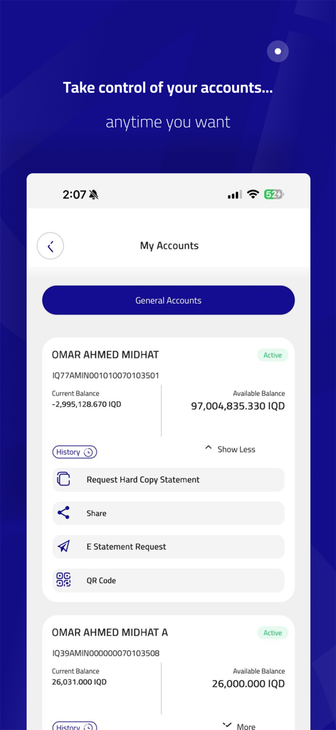 AIB Online - Interfaz de la aplicación móvil AIB Online que muestra la pantalla Mis Cuentas con saldos en dinares iraquíes y opciones de gestión de cuentas.