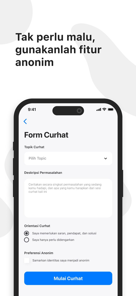 Mobile screen of the Teman Curhat app showing the form to start an anonymous venting session