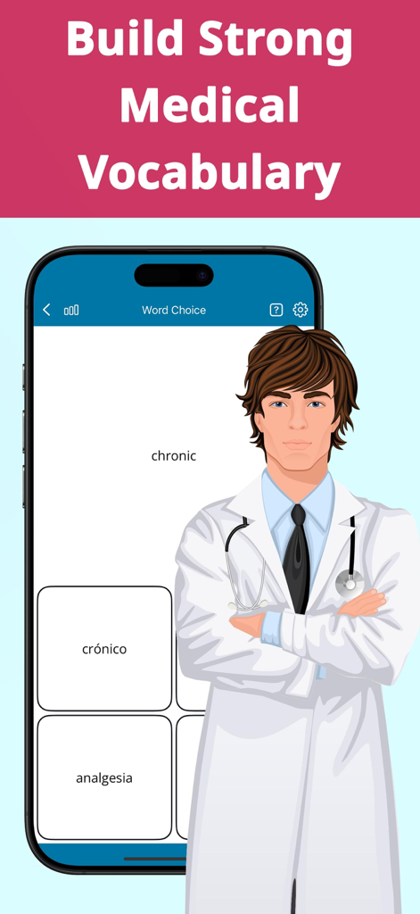 Medical English: Learn Words - Interface de l'application d'anglais médical montrant un exercice de choix de mots avec une illustration de médecin.