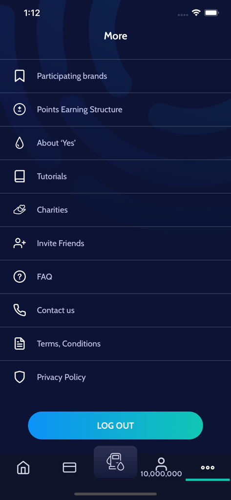 Menu de configurações e opções adicionais do aplicativo Yes Rewards by ENOC