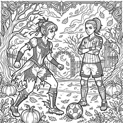 Experience the unique blend of gothic aesthetics and autumnal charm with our soccer defenders coloring page. Capture the intensity of the game amidst ornate Victorian lace patterns, falling leaves, and spirited players ready for action.