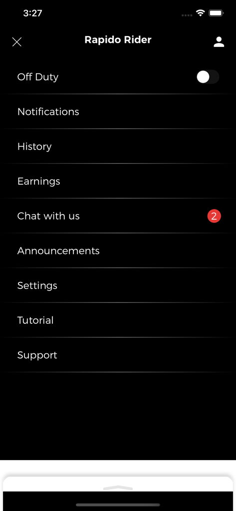 Rapido Rider app menu showing driver options like earnings history and settings