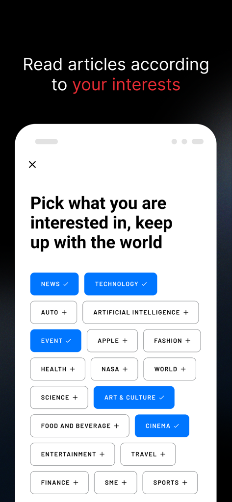 Bundle News app screen for selecting personalized news interests and categories like technology and sports