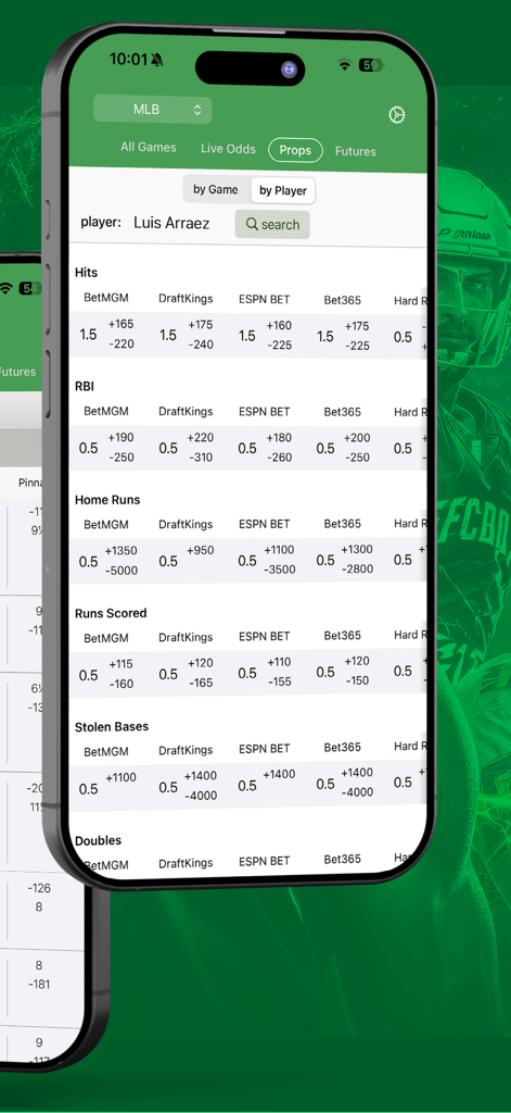 Live Scores and Odds - Mobile app interface showing MLB player prop betting odds for Luis Arraez across multiple sportsbooks