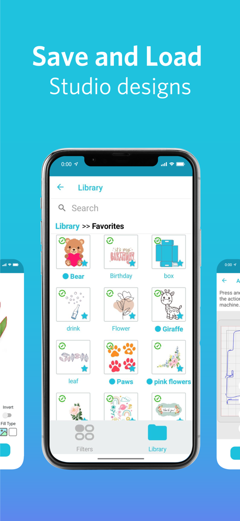 Silhouette Go - The Silhouette Go app interface displaying a library of craft designs and favorited patterns on a smartphone.