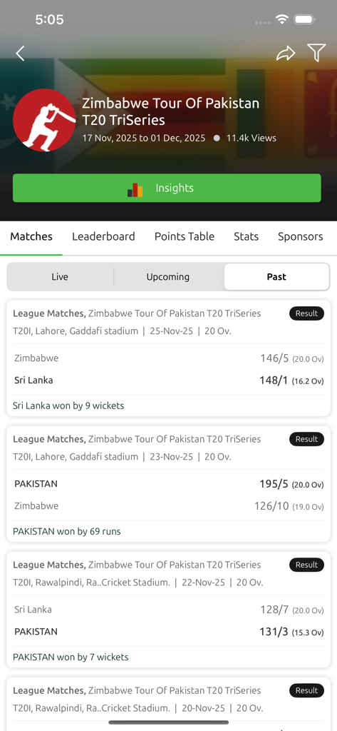 Zimbabwe Cricket - Interface of the Zimbabwe Cricket app showing results of past league matches
