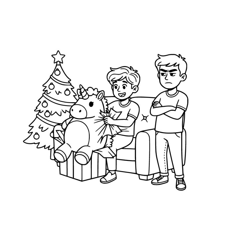 it's christmas and you're relaxing on the sofa by the christmas tree. you're unwrapping a giant plush toy that looks like a unicorn, and your brother is offended.