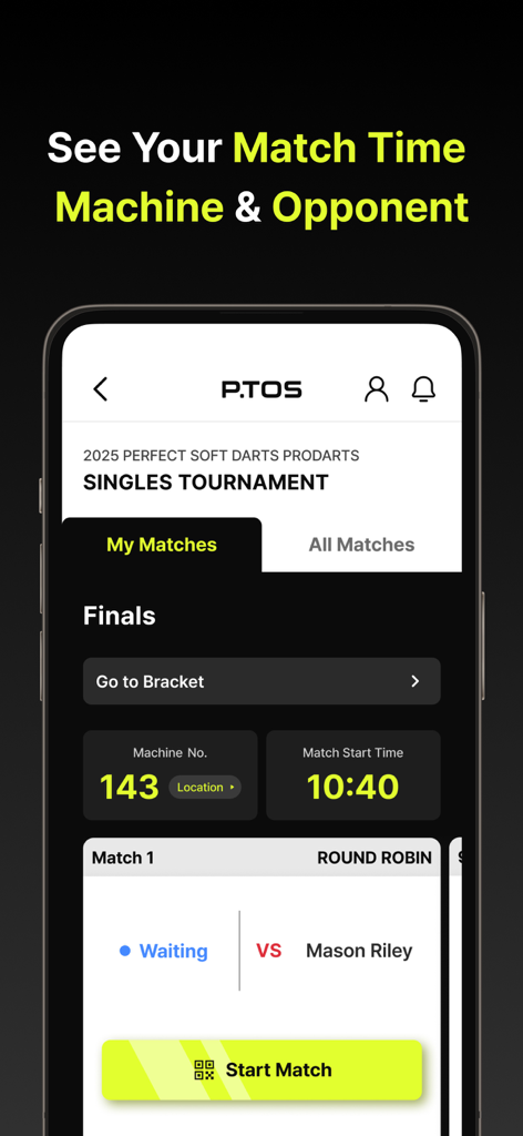 P.TOS - Interfaz de la aplicación P.TOS que muestra los detalles de la partida de dardos, incluyendo la hora, el número de máquina y el nombre del oponente
