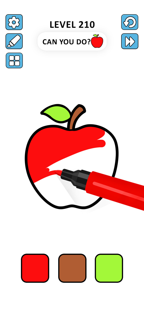 Coloring Page ASMR Drawing - Digital coloring page showing a red marker painting an apple drawing in a mobile app