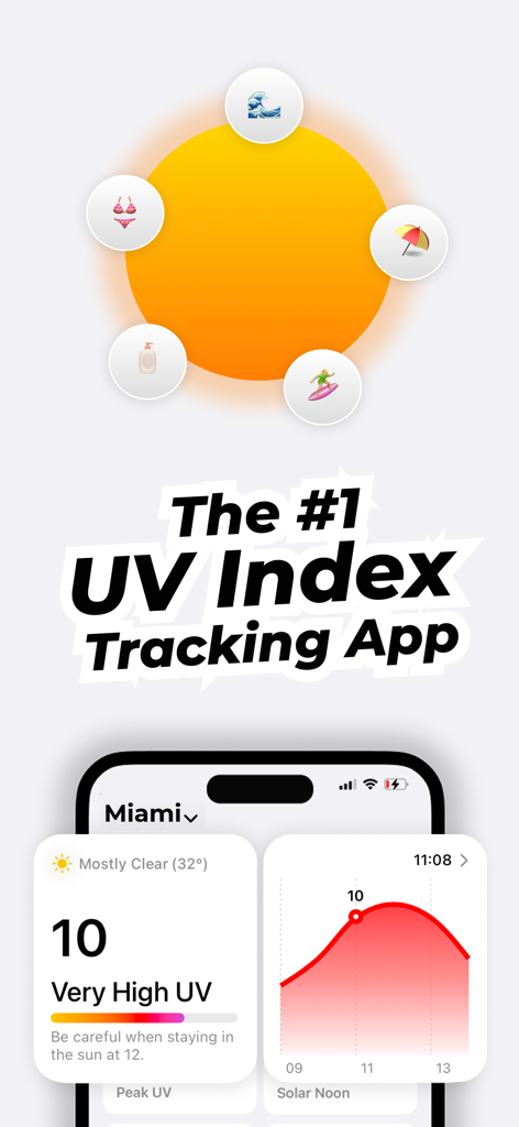 SunSafe app interface showing a very high UV index of 10 for Miami with a sun safety alert