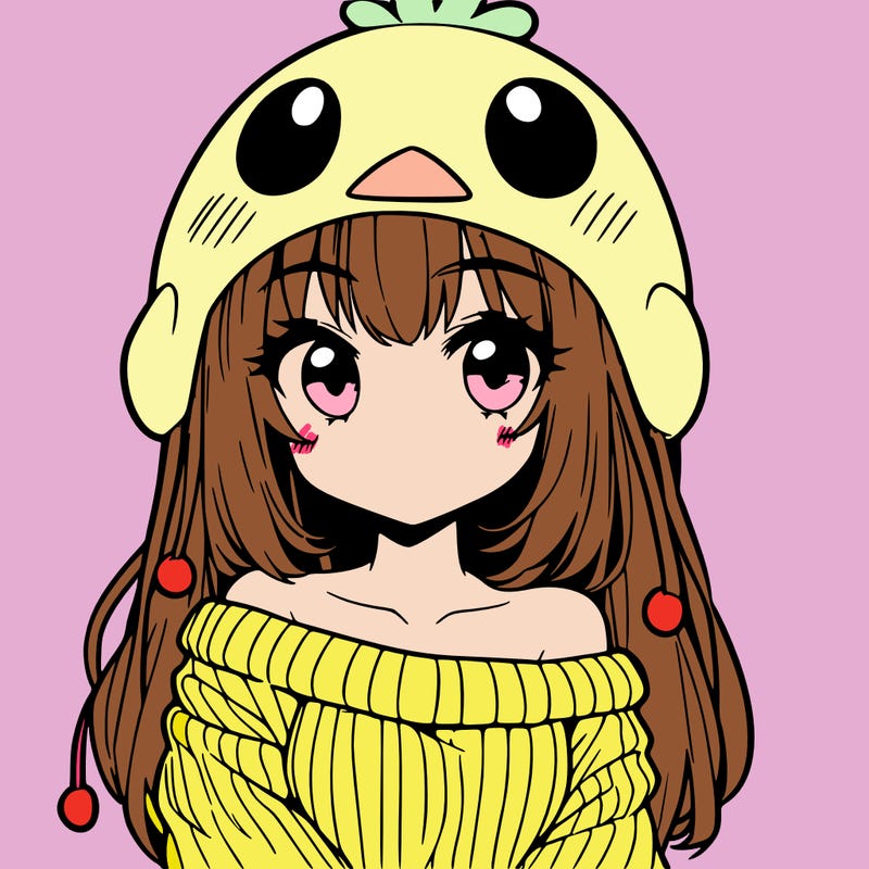 anime girl with chick shaped hat with sweater with bare shoulders with bangs covering them one eye with low tail