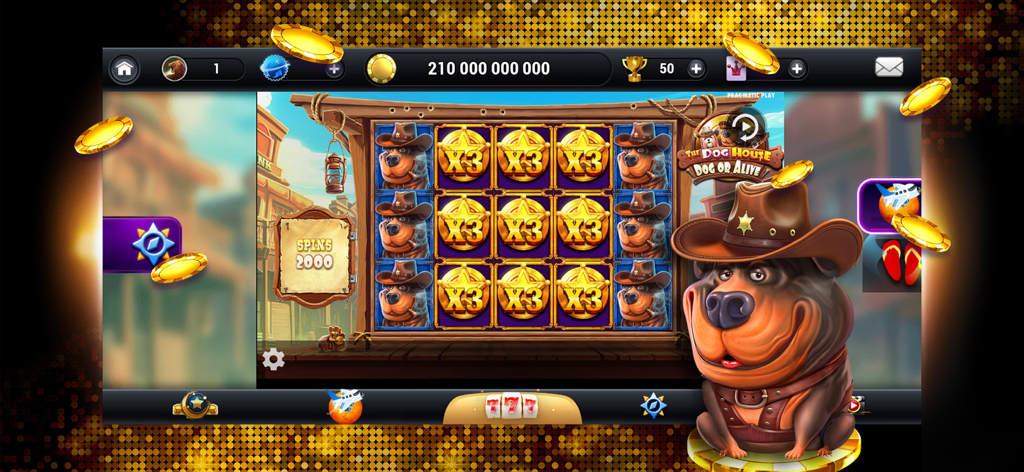 Lounge777 mobile app featuring The Dog House Dog or Alive slot game with falling gold coins