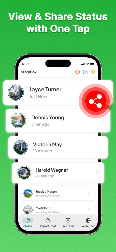 Status Saver WT - StoryBox - StoryBox app interface showing a list of contact statuses with a highlighted share button.