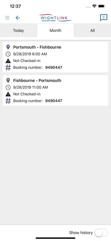 Interface of the Wightlink app displaying travel bookings for ferry routes between Portsmouth and Fishbourne