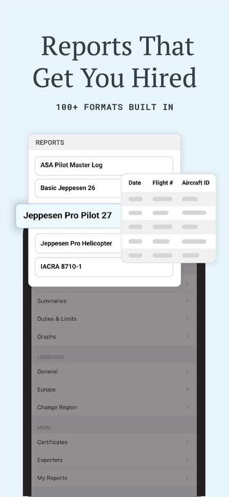 LogTen Pilot Logbook - LogTen app screen showing built-in pilot report formats and job application templates including IACRA 8710-1.
