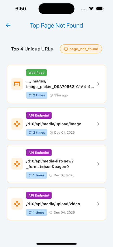 Drupal Admin - Drupal Admin app interface showing a list of top 404 page not found errors and API endpoint logs