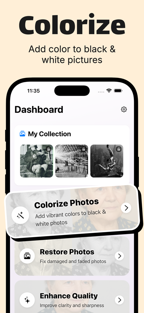 Restore Old Photos: ReMemory - iPhone dashboard of ReMemory app showing the colorize photos feature to add color to black and white pictures