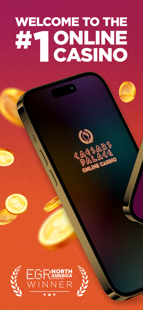 シーザーズパレス オンラインカジノアプリが、金貨とアワードロゴと共にスマートフォン画面に表示されています
