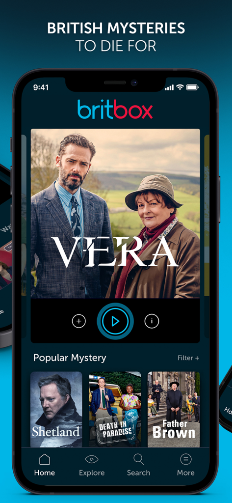 BritBox: The Best British TV - BritBox 앱 홈 화면에 영국 미스터리 시리즈 Vera와 Shetland이 표시됨.