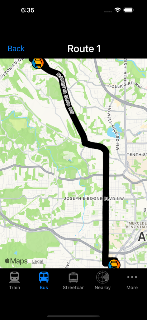 MARTA On the Go - MARTA On the Go app interface showing the real time map and path for bus Route 1 in Atlanta