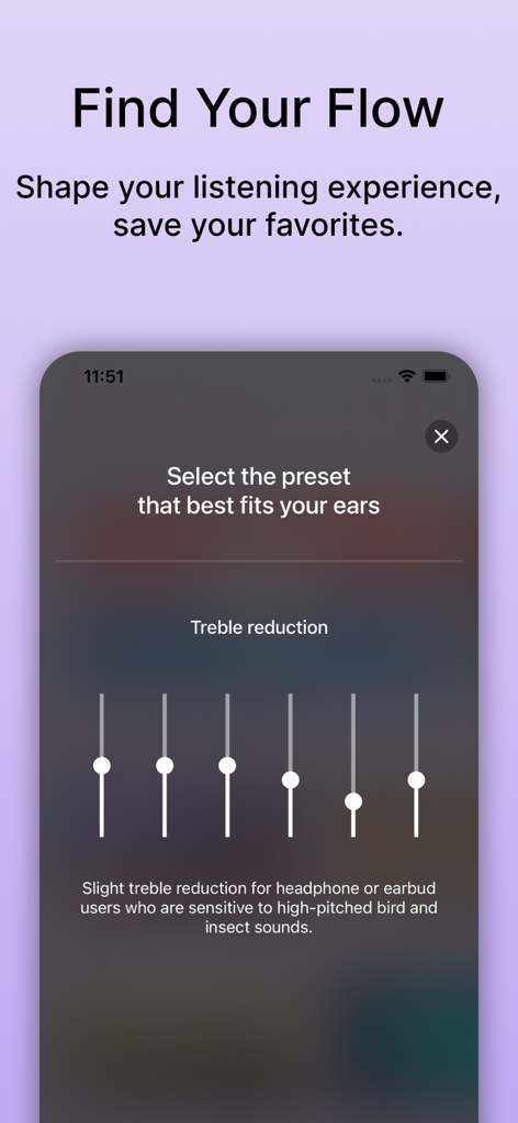 Ajustes de preselección de ecualización de agudos en la aplicación Pure Nature 3D soundscapes