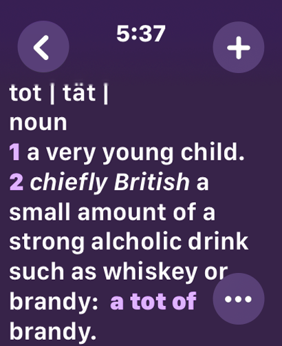 A note in the Tot Mini app on Apple Watch showing the dictionary definition of the word tot.