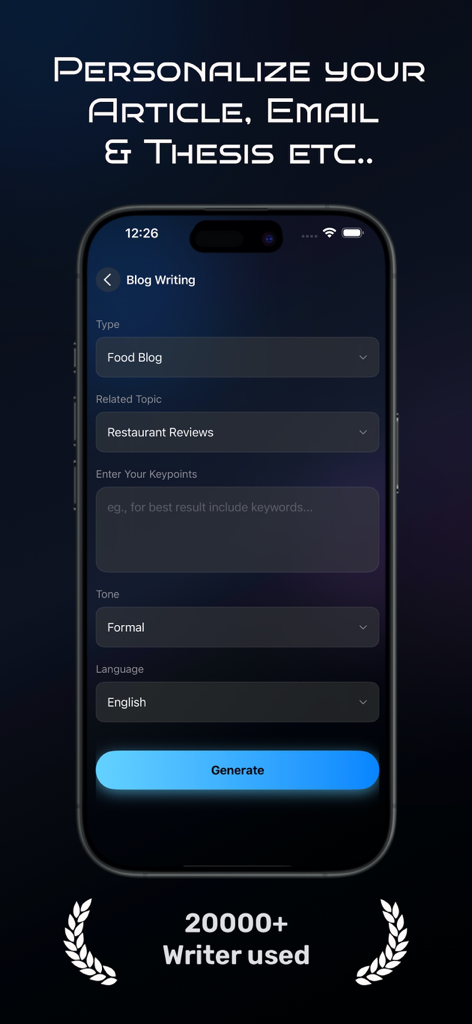 AI Writer & Essay Generator - AI Writer app interface showing personalization options for articles and blogs